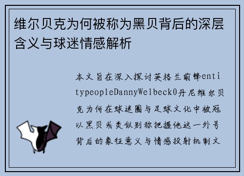 维尔贝克为何被称为黑贝背后的深层含义与球迷情感解析 维尔贝克为何被称为黑贝背后的深层含义与球迷情感解析